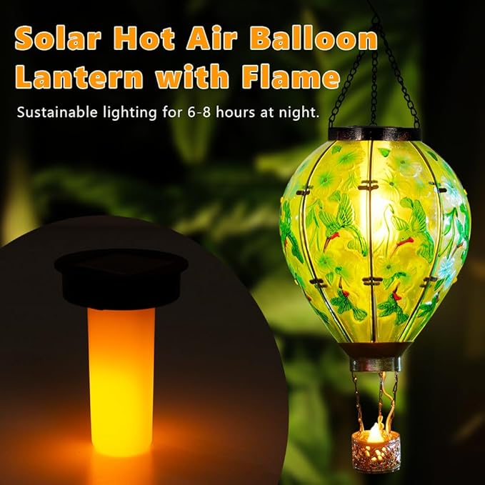Starsoul Extra Large Solar Hot Air Balloon Lantern with Flame Hummingbird Glass Outdoor Hanging Hot Air Balloon Solar Light Waterproof Garden Patio Yard Party Decorations