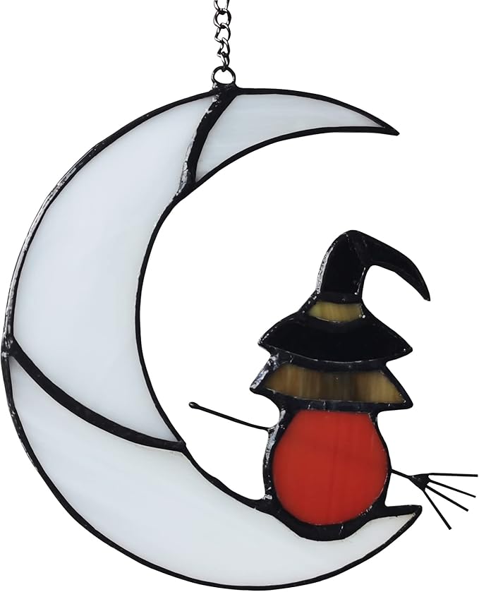 Witch On Moon Stained Glass Window Hanging Panel, Suncatcher for Windows, Witch Decor Riding Moon Face Sun Catcher Halloween Ornament.