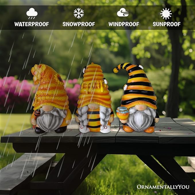 Spring & Summer-Themed Garden Statues – Adorable Outdoor Decor for Lawn, Patio & Porch (Buzzy Trio Set of Three Bumble Bee Gnome Figurines, 6" Tiered Tray Home or Garden Decoration)