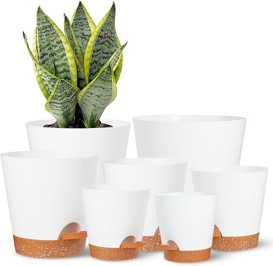 Plant Pots Outdoor 8/7.5/7/6.5/6/5.5/5Inch 7Pack, Planting Pots for All House Plants White Plastic Planters Outdoor Flower Pots Nursery Planting Pot with Drainage Hole and Deep Reservoir