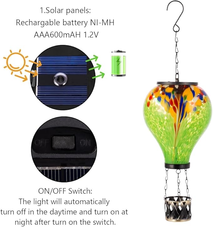 Starsoul 2 PC Hot Air Balloon Solar Lantern Tie-Dye Style Glass Outdoor Hanging Solar Hot Air Balloon Lantern with Flame Light Waterproof for Garden Yard Patio Decor