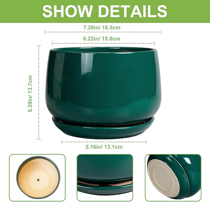 G EPGardening Ceramic Planter for Indoor Plants - 7 Inch Plant Pot, Round Planter with Drainage and Saucer, Round Flower Pots for Outdoor, Modern Desk Decor, Gift for Women Men, Green