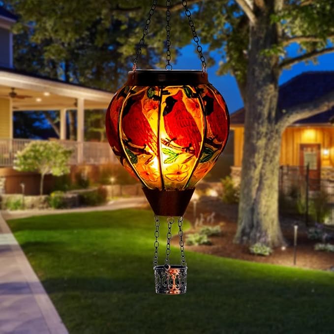 DREAMSOUL 2PCS Cardinal Hot Air Balloon Solar Lantern, Hanging Glass Solar Lanterns Outdoor Waterproof for Yard Party Gift