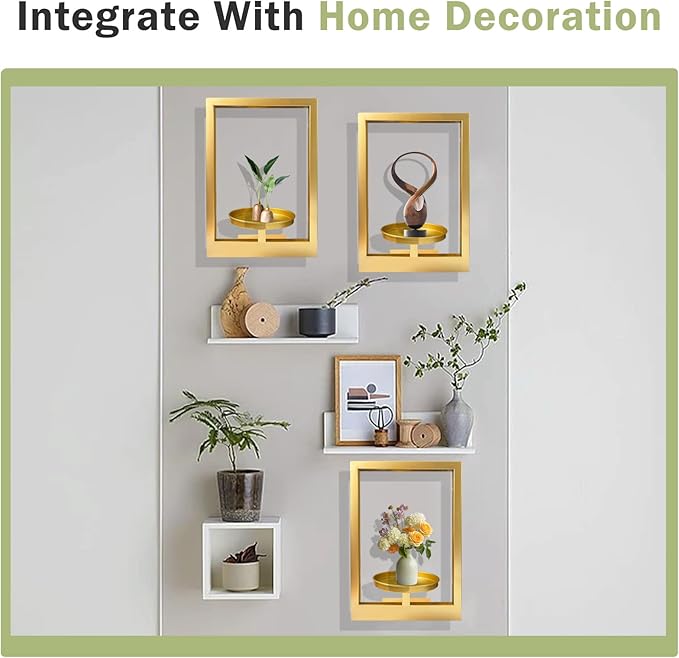 Picture Frame Plant Holder, Wall Mount Plants shelf Indoor Outdoor, Metal Hanging Planters Stand Decor, Window Planter Hanger Shelves, Modern Floating Ornament Rack Art for Home & Garden(Gold 3pc)