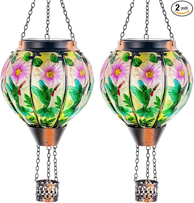 DREAMSOUL 2PCS Hummingbird Hot Air Balloon Solar Lantern, Hanging Glass Solar Lanterns Outdoor Waterproof for Garden Tree