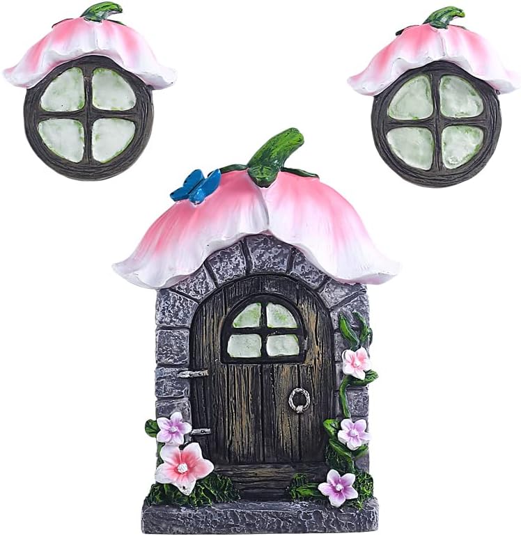 Fairy Gnome Home for Tree Decor，Glow in Dark Fairy House Have Window and Door for Garden Decoration，Fairies Sleeping Door and Windows, Yard Art Garden Sculpture, Lawn Ornament