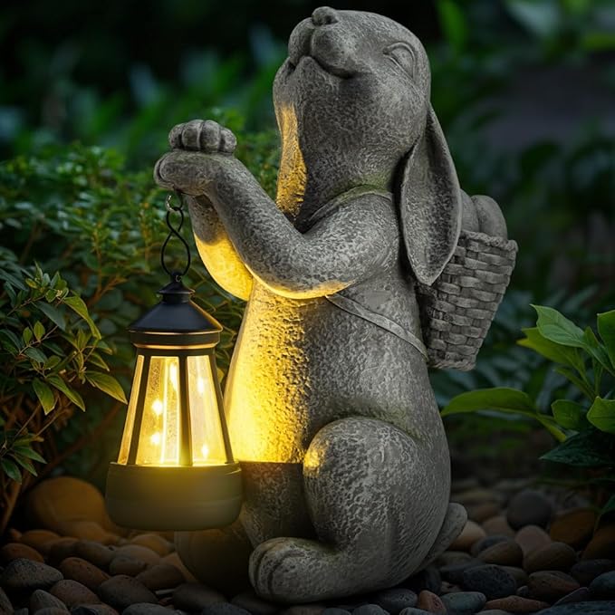Solar Garden Outdoor Statues Rabbit with Solar Lantern,Outdoor Bunny Figurines Decorations,Lawn Decor Bunny Statue for Patio, Balcony, Yard Ornament,Unique Housewarming and Easter Gifts