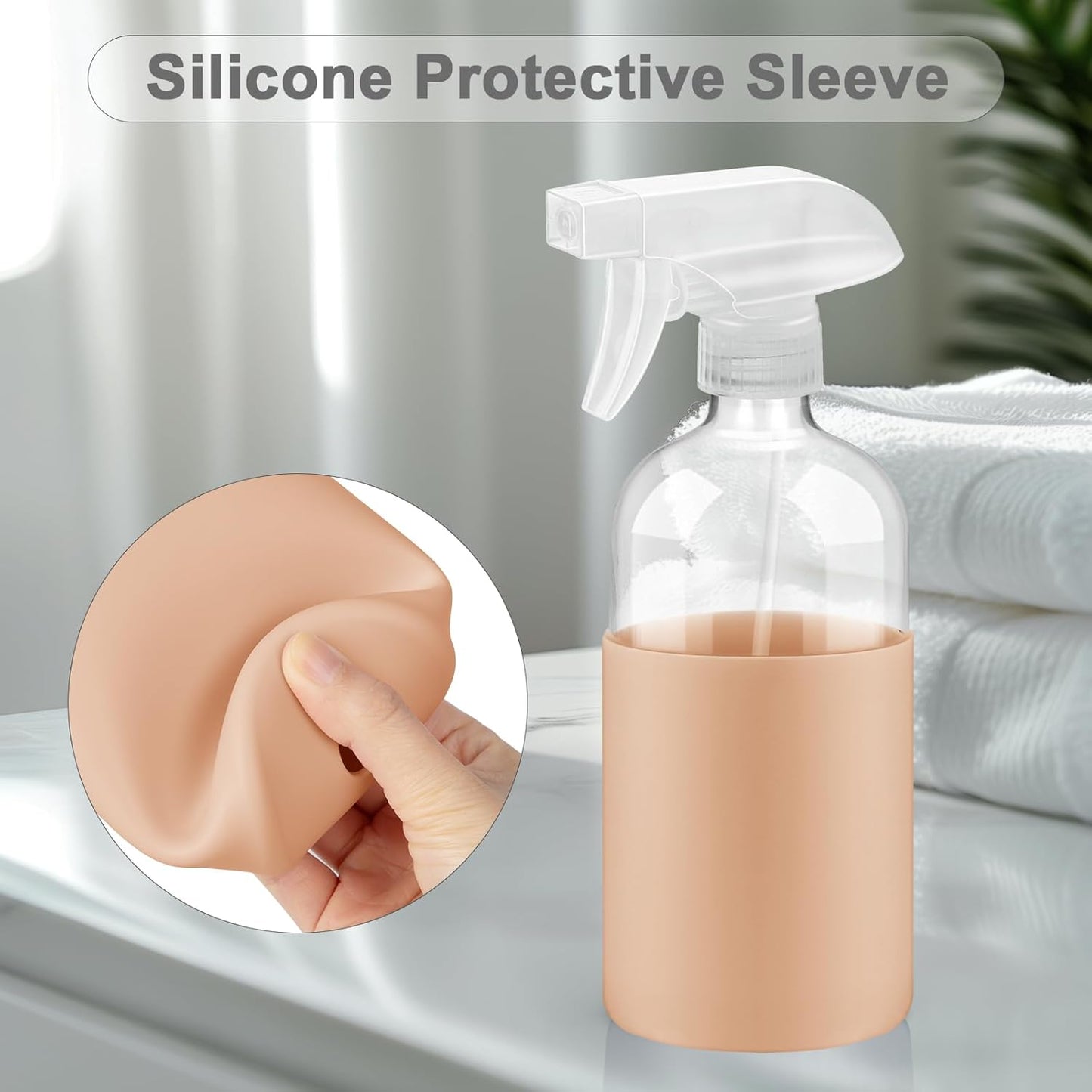 2 Pack Glass Spray Bottles with Long Silicone Sleeve, 16 oz Empty Refillable Containers with Adjustable Spray Nozzles, Spray Bottles for Hair, Cleaning Solutions and Plants khaki