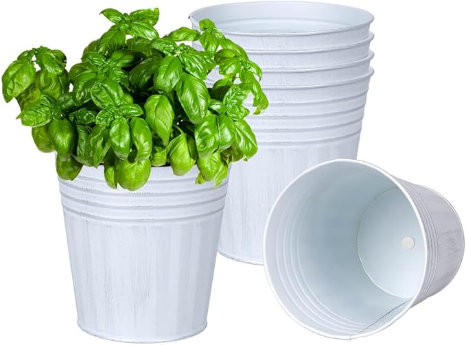 vensovo 6 Inch White Metal Rustic Flower Pots - 6Pcs Galvanized Planters with Drainage Hole and Rubber Plug, Rustproof Metal Bucket Plant Pots Farmhouse Vintage Style for Decor