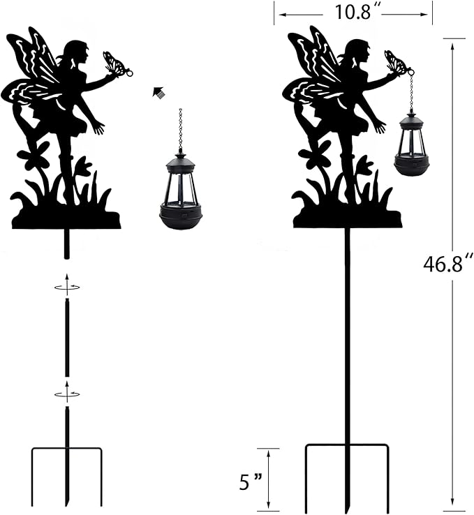Solar Angel with Butterfly Garden Stakes Outdoor Decor Metal Angel Holding Solar Lantern Decorative Garden Metal Stakes Outdoor Flower Silhouette Stakes