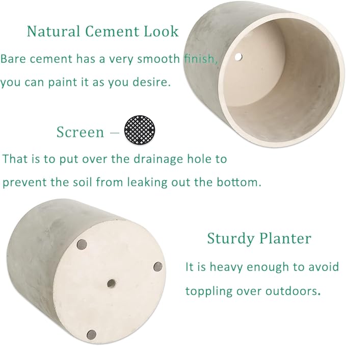 Plant Pots - 7.7 inch Cement Planters Indoor - Modern Grey Flower Pot with Drainage Hole - Home Office Decor