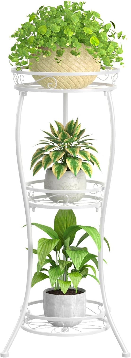 KMOTASUO 3 Tier Tall Metal Plant Stand, 34 Inch Plant Stands Indoor Outdoor, Rustproof Wrought Iron Flower Pot Holder Display Rack for Corner Patio Garden Balcony Living Room(White)
