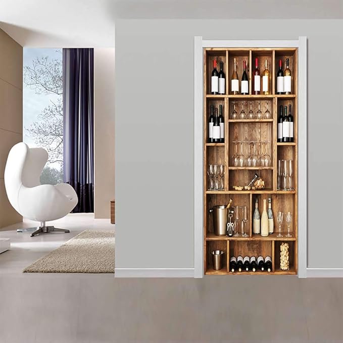 3D Door Wallpaper Self-Adhesive Door Sticker - Wine Cabinet - Door Film Poster Premium PVC Waterproof Wall Sticker for Bedroom Living Room Door Decoration Wallpaper 80 x 200 cm