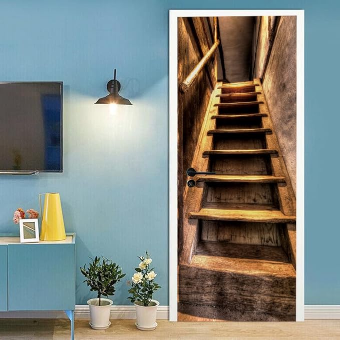 3D Door Wallpaper Self-Adhesive Door Sticker - Wooden Stairs - Door Film Poster Premium PVC Waterproof Wall Sticker for Bedroom Living Room Door Decoration Wallpaper 88 x 200 cm