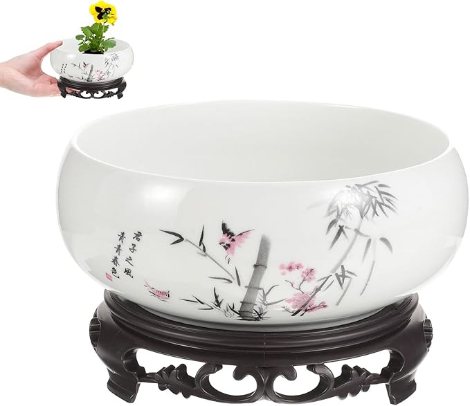 Ceramic Chinese Pot with Base Hydroponic Pot White Water Lily Bowl Ceramic Planter for Home Office Garden 7 Inch