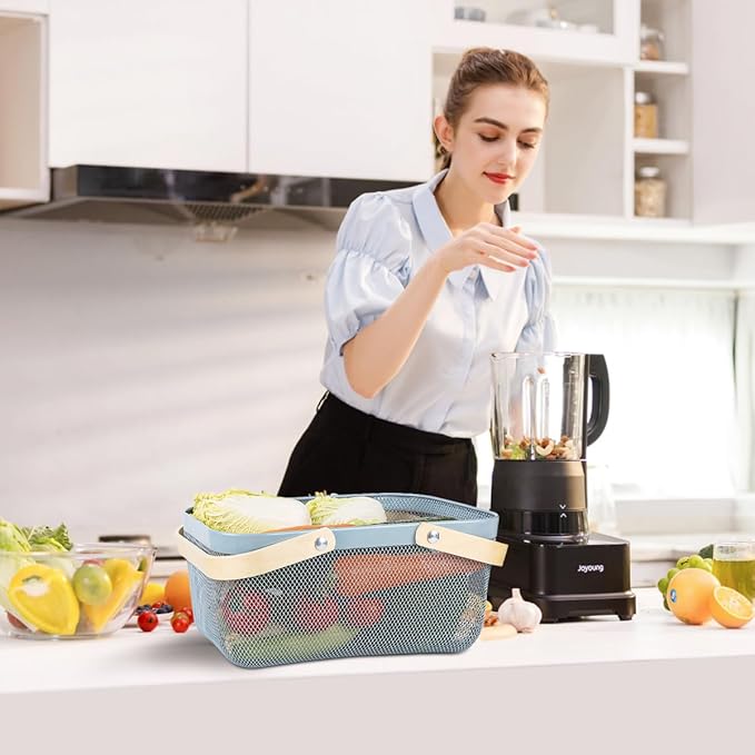 Wire Mesh Storage Organizer Basket Portable Garden Harvest Basket Fruit Basket Bin with Wood Handle Ideal for Kitchen Picnic Pantry Cabinets Storage Home Decor (Cold Gray)