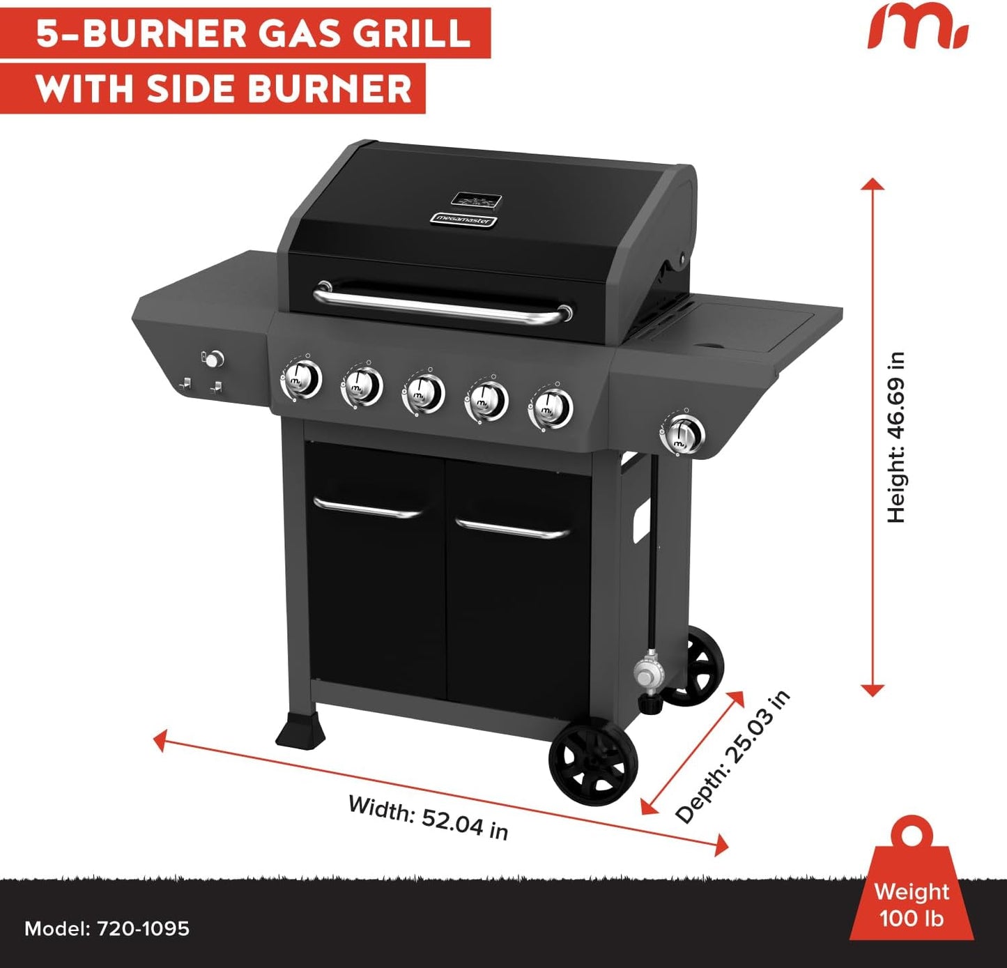 5-Burner Gas Grill with Side Burner, 66,000 BTUs, 753 SQ. In. Cooking Area, 2 Wheel Transport, Propane BBQ Grill with for Outdoor Cooking, Patios, and More - 720-1095