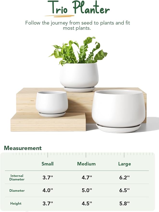 LE TAUCI Ceramic Plant Pots, 4.1+5.1+6.5 inch, Set of 3, Planters with Drainage Hole and Saucer, Indoor Flower Pot with Hole Mesh Pad, Gifts for Mom, White
