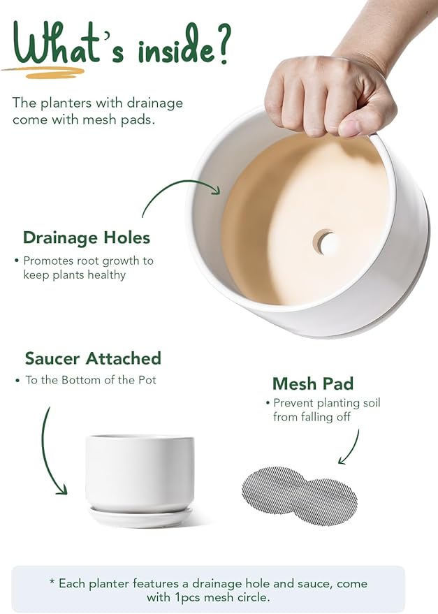 LE TAUCI Plant Pots Indoor, 4.3+5.3+6.8 Inch, Set of 3, Ceramic Planters with Drainage Hole and Saucer, Modern Indoor Flower Pot with Hole Mesh Pad, Gifts for Mom, Classic White