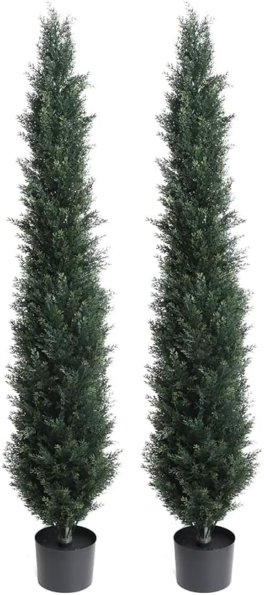 momoplant Artificial Topiary Cedar Tree Outdoor Uv Resistant, 5.5 Ft Faux Cypress Toparies Trees 67 Inch Fake Plant【2 Pack】 with Black Pot