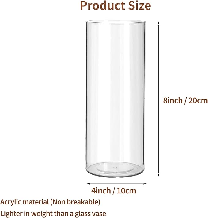 Clear Flower Vase, Non-breakable Vases, 4" W x 8" H, Acrylic Vase, Aesthetic Room Decor Cylindrical Modern Flower Vases for Table Centerpiece, Home Decor, Women Floral Arrangement Gift