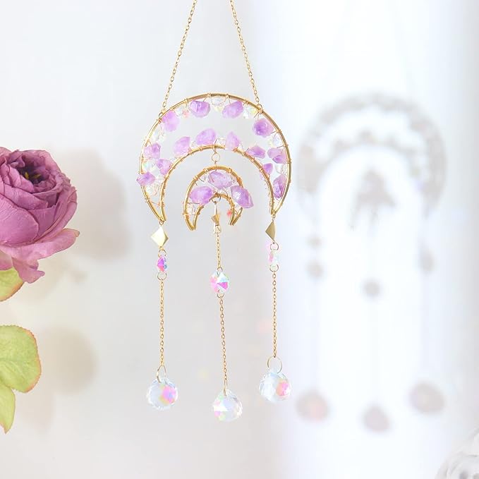 Amethyst Crystals Suncatcher - Hanging Moon Sun Catcher with Glass Prisms for Windows, Healing Amethyst Crystal Decor for Home, Gift for Christmas Birthday Valentine Mothers Day