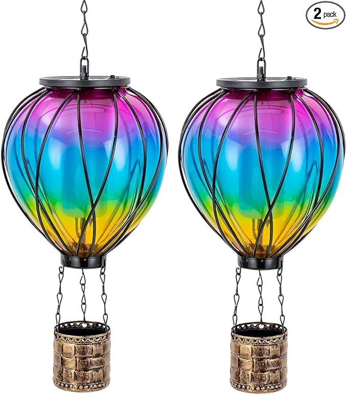 Hot Air Balloon Solar Lantern, 2 Pcs Solar Hot Air Balloon with Flickering Flame, Hanging Outdoor Lantern Waterproof Decor for Patio, Garden, Porch