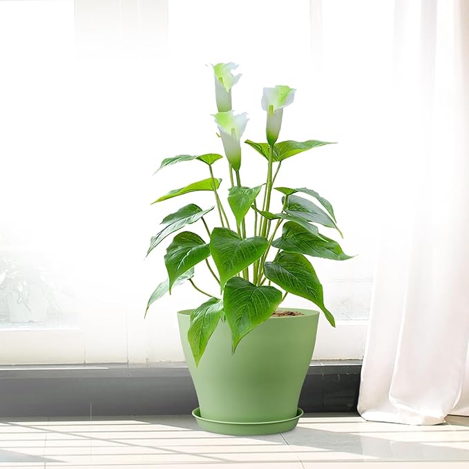 6 inch Plastic Nursery Pots, Seedling Pots, 16 Pack Plant Pots for Small Indoor Outdoor Plants, Flower Pots with Drainage Holes and Saucers, Decorative Planters for House Plants, Green