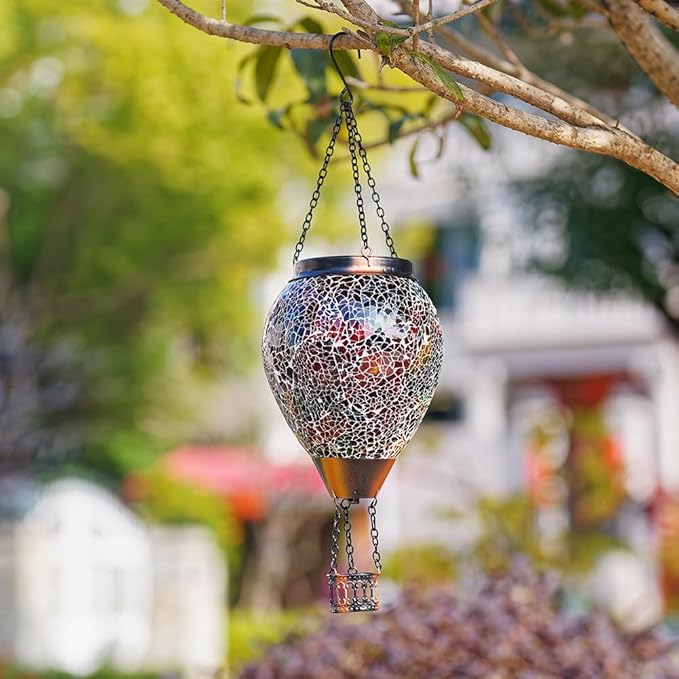 DREAMSOUL Mosaic Hot Air Balloon Solar Lantern with LED Light, Hanging Glass Solar Lanterns Outdoor Waterproof for Garden Patio Porch Decor