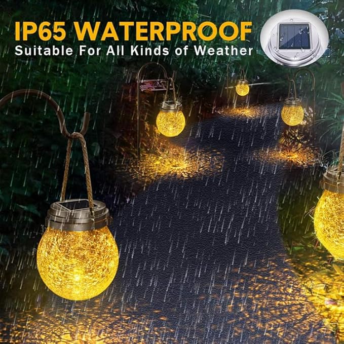 Solar Crackle Glass Hanging Lanterns, 5.5 in Height, IP65 Waterproof, 30 LED Lights, 2-Pack, Warm White