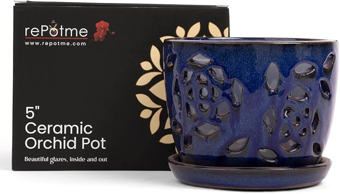 rePotme Orchid Pot - 5 inch Floral Cutout Ceramic Orchid Pot with Holes (Midnight Blue) - Includes Matching 5 inch Slotted Pot Liner