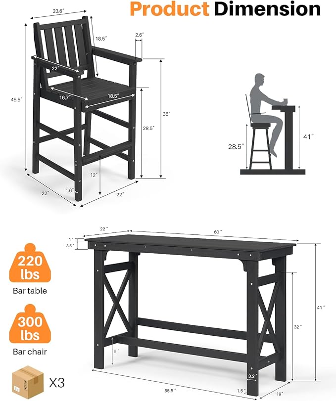 5-Piece HDPE Patio Bar Set, Rectangular Bar Height Table and 4 Adirondack Bar Chairs, All Weather Outdoor Bar Stools Set, Outdoor Bar Table and Chairs Set for Balcony, Pool, Porch, Obsidian