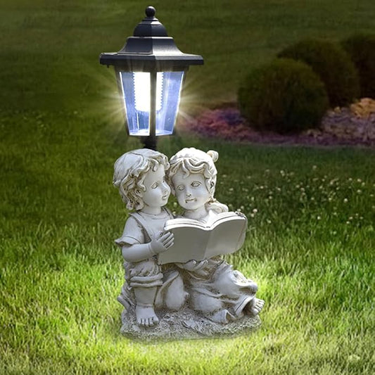 Solar Garden Outdoor Decor Statues Boy and Girl Reading Book with Light,Outside-Outdoor Decorations Sculptures for Patio Yard Lawn Walkway Ornaments Clearance Gifts for Mom Grandma Birthday