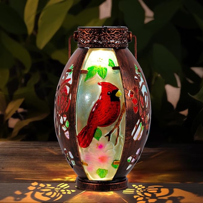 Starsoul Cardinal Outdoor Solar Lantern - Metal & Stained Glass Cardinal Solar Light, Waterproof Tabletop Lamp with Hollowed-Out Design for Yard, Patio, Garden, Pathway