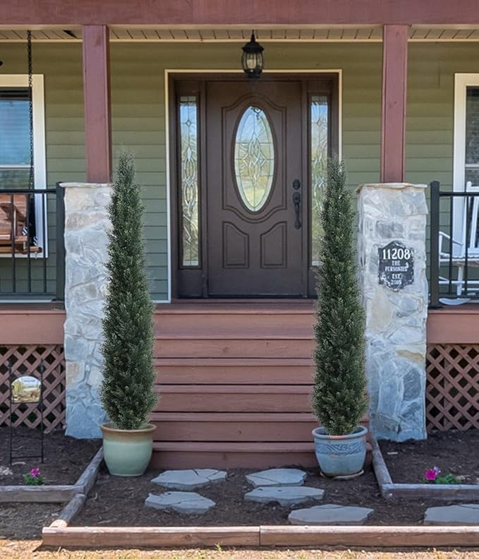 momoplant Artificial Topiary Cedar Tree Outdoor Uv Resistant, 5.5 Ft Faux Cypress Toparies Trees 67 Inch Fake Plant【2 Pack】 with Black Pot