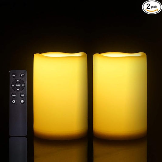 Waterproof Outdoor Flameless Candles with Remote, Set of 2, Large 4” x 6” Battery Operated Electric LED Pillar Candle Set for Home Décor Party Wedding Supplies Garden Christmas Decoration Gift