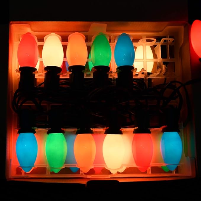 25Ft Outdoor Multicolor Ceramic Christmas String Lights,C9 Vintage Opaque Christmas String Lights for Patio Garden Christmas Tree Decoration,C9/ E17 Candelabra Base, Green Wire