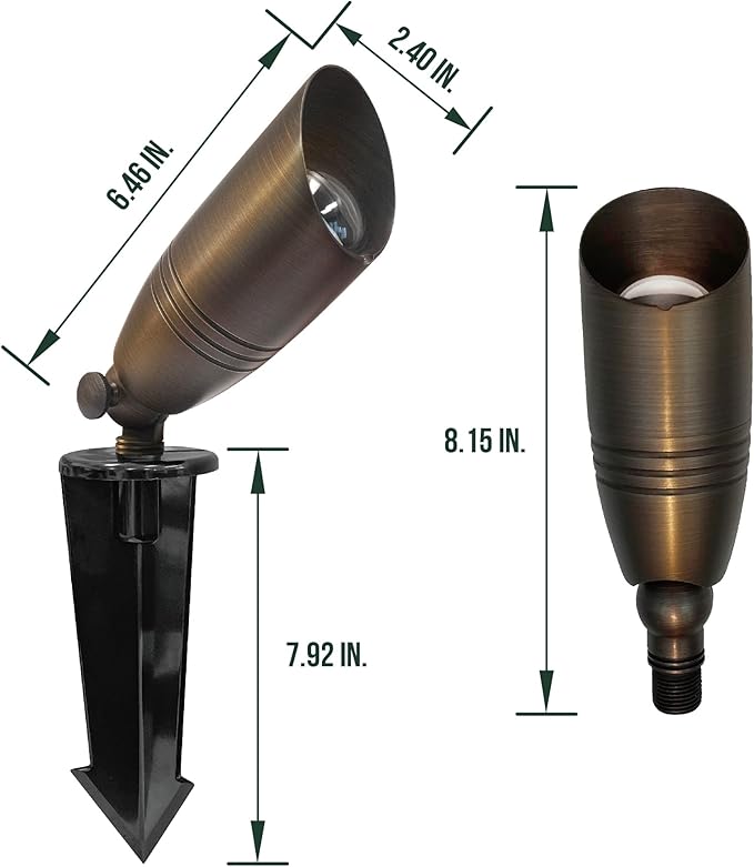 GKOLED UL Listed Solid Brass Landscape Spotlight, Low Voltage Outdoor Directional Uplight, with 5W MR16 LED Bulb & Large Rugged Slot Spike, 12V AC/DC Garden Patio Spot Up Light (10 Pack)