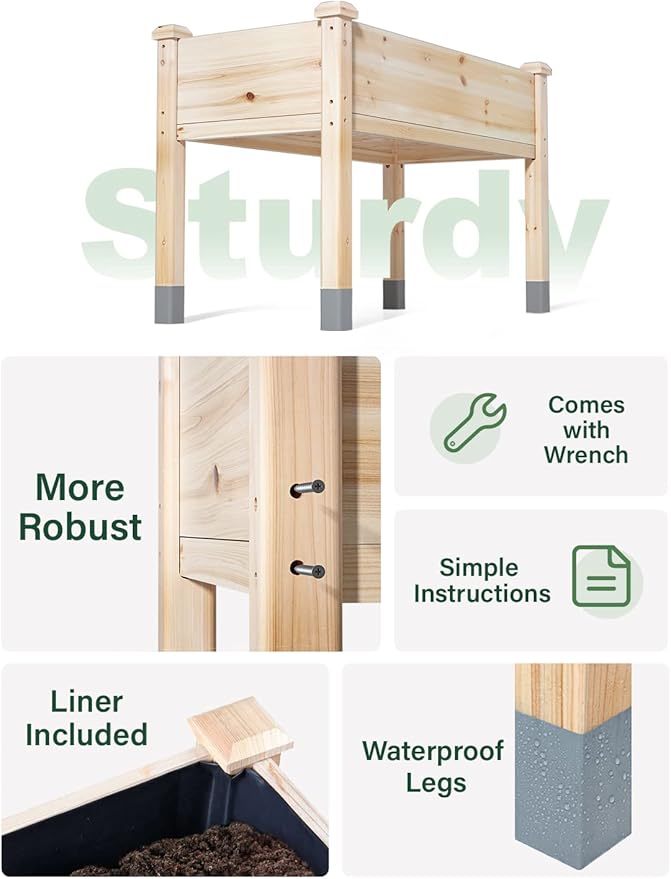 MIXC Wooden Raised Garden Bed with Legs, 32”L X 16”W, Elevated Reinforced Large Planter Box for Vegetable Flower Herb Outdoors - Beam and Column Structure - Unmatched Strength Outlast