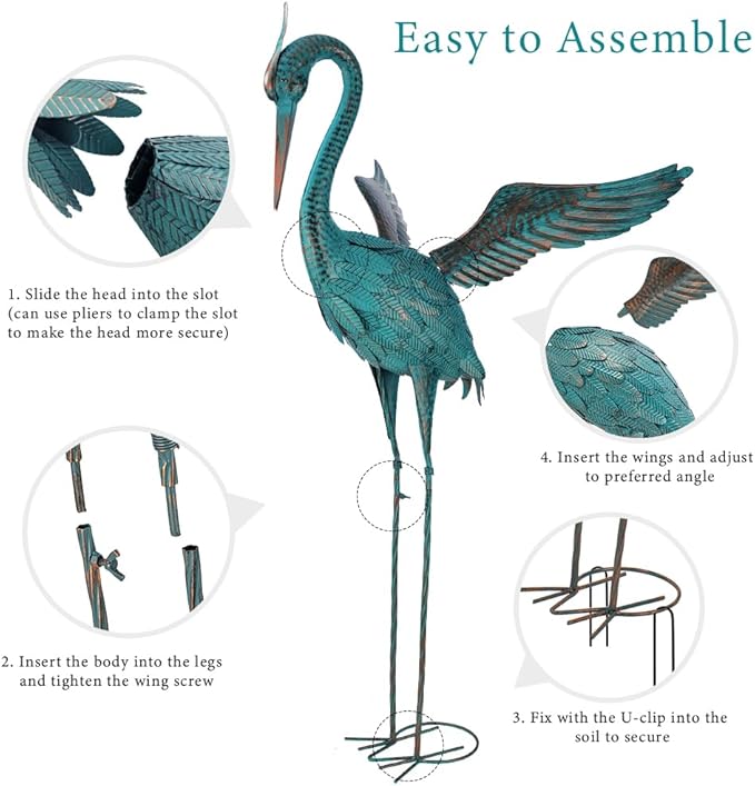 44'' Blue Heron Garden Statue, Large Crane Outdoor Statue, Crane Metal Yard Art for Outside Backyard, Pond, Patio, Lawn Decor