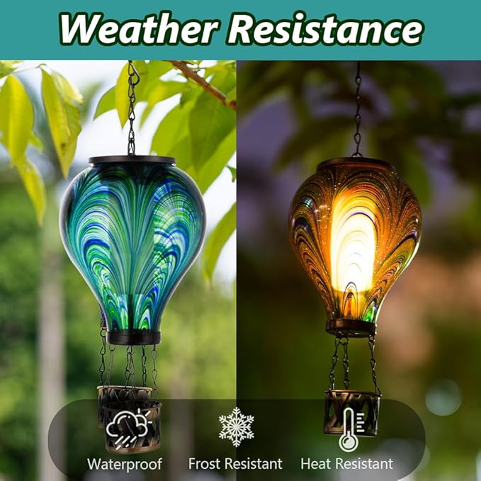 Starsoul Hot Air Balloon Solar Lantern Flickering Flame Light Tie-Dye Style Glass Solar Powered Hot Air Balloon Lamp Hanging Outdoor Lantern Waterproof Decor for Patio, Garden, Porch