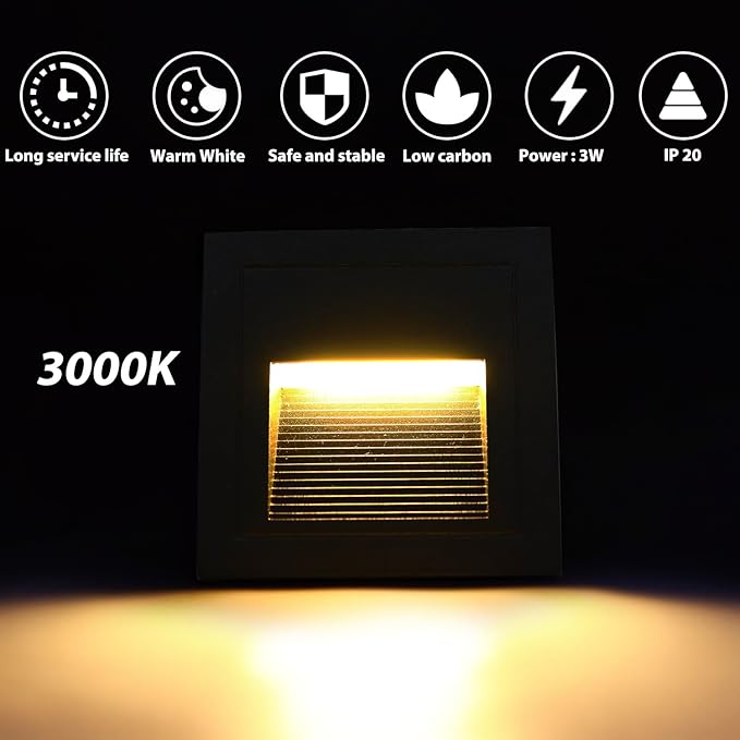 1pcs/3W Wall Recessed Stair Lights LED,Warm White,Indoor Step Light,Square Recessed Wall Light,Black Cover Staircase Light IP20 for Indoor Stairs, Home, Kitchen, Attic, Aisle