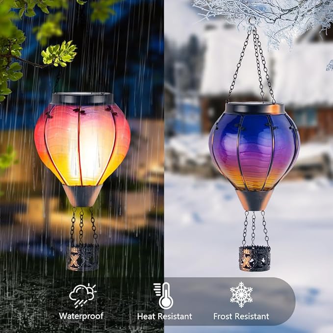Starsoul Glass Solar Hot Air Balloon Flickering Flame Hanging Garden Light Purple Hot Air Balloon Solar Lantern with Large Basket Waterproof Hot Air Balloon Solar Lamp Decor