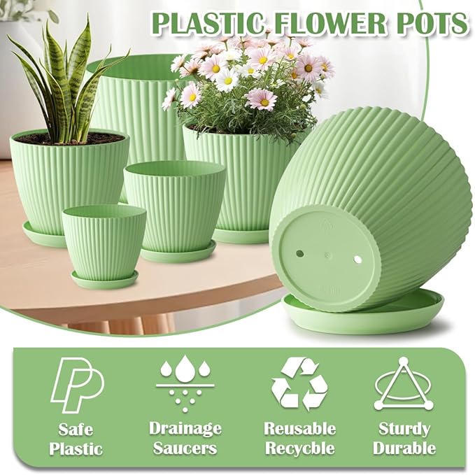 Plant Pots with Drainage Holes and Tray Saucer - 7.5/6.5/5.5/4.9/4.2/3.5 Inches Flower Pots - 6 Pack Thick and Sturdy Planters for Indoor Plants Such As Orchid, Succulent and Herbs, Green