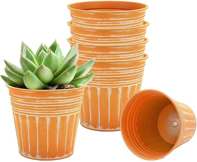 vensovo 4 Inches Orange Metal Rustic Flower Pots - 6 Pcs Small Galvanized Planters with Drainage Hole and Rubber Plug, Rustproof Tin Bucket Plant Pot Farmhouse Vintage Style for Decor