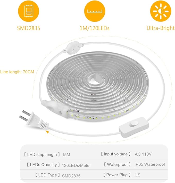 White LED Strip Lights Waterproof, AC 110V, 1800LEDs, 6500k Outdoor LED Rope Light 15M/49.2ft for Garden, Patio, Indoor Outdoor Decoration