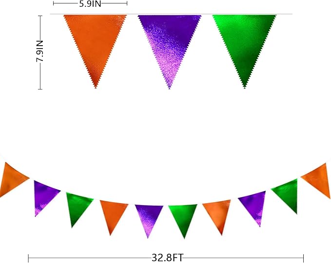 Halloween Party Decorations Metallic Fabric Green Orange Purple Triangle Pennant Banner Flag Bunting for Trick or Treat Spooky Hey Boo Happy Halloween Holiday Birthday Baby Shower Party Supplies