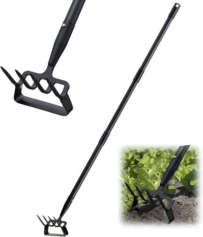 Hoe Garden Tools, 37-49 Inch Gardening Tools for Weeding, Stirrup Hoe Long Handle for Yard Weed Puller, Scuffle Hula Adjustable Weeding Loop Hoe for Lawn, Vegetable, Soil, Planting Black