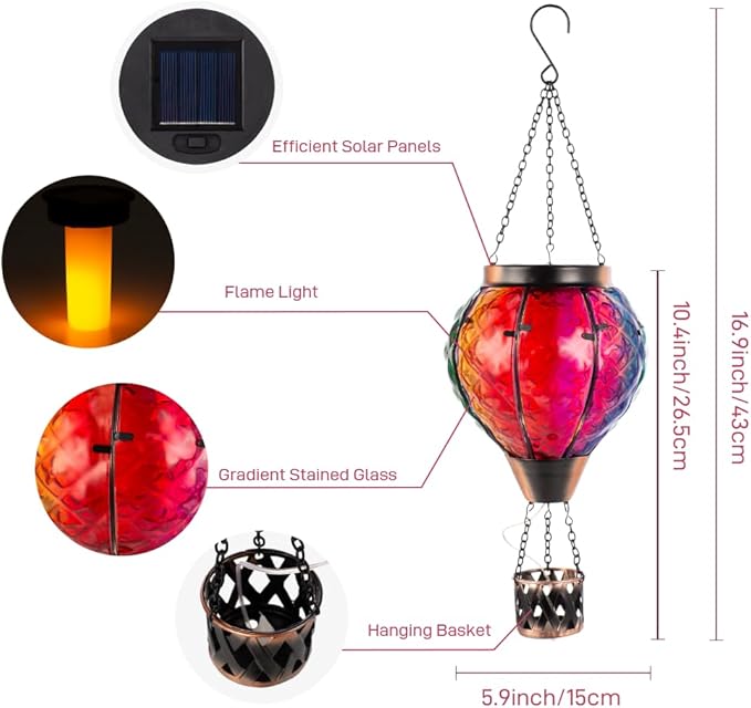 2PCS Hot Air Balloon Solar Lantern with Flame Flickering Light LED Glass Hanging Solar Lanterns Outdoor Waterproof Hot Air Balloon Decoration Outdoor Light for Patio Tree Yard Garden Decor