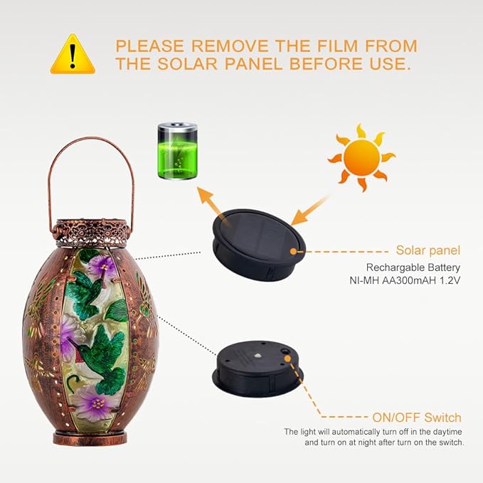 Starsoul Hummingbird Solar Lantern Stained Glass & Metal Outdoor Lantern Waterproof Hummingbird Hanging Metal Decorative Lights for Patio Table Garden Pathway Yard